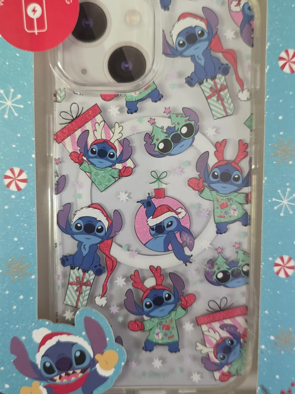 Disney Holiday Stitch Clear Phone Case with Blue, Red, Green Accents
